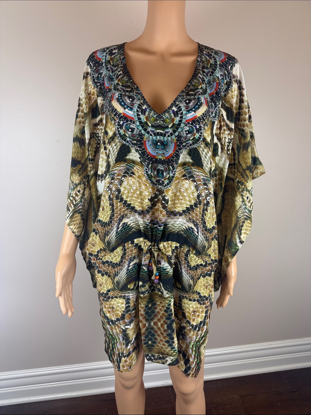 Camilla Silk Embellished Snake Print Mini Dress Kaftan